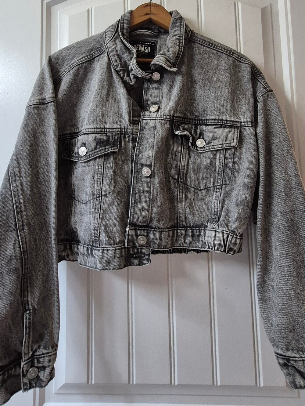 Womens Gray Acid-wash Cropped Denim Jacket By Rewash Size Large